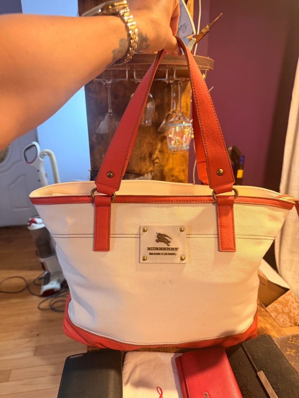 Burberry White Canvas Tote with Red Leather Trim and Handles